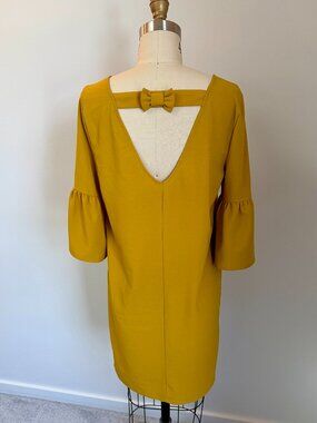 Fleur Bleue Mustard Mini Shift Dress, bow detail back and Bell Sleeve, Size 4